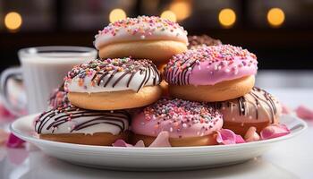 AI generated Freshly baked donuts on a pink plate, tempting indulgence generated by AI photo