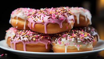 AI generated Indulgent dessert stack donut, chocolate, candy, strawberry, marshmallow generated by AI photo