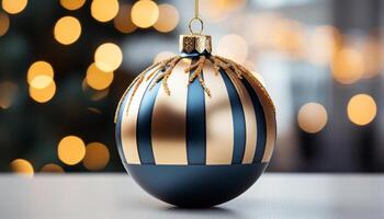 AI generated Shiny gold ornament illuminates Christmas tree, glowing with celebration generated by AI photo
