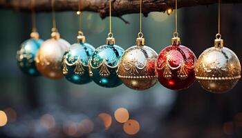 AI generated Christmas ornament hanging on tree, winter celebration, gift of joy generated by AI photo