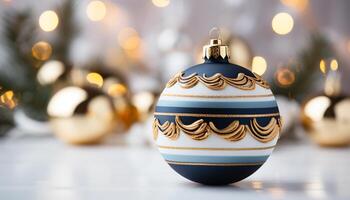 ai generado Navidad decoración vibrante, brillante, oro pelota en un azul antecedentes generado por ai foto