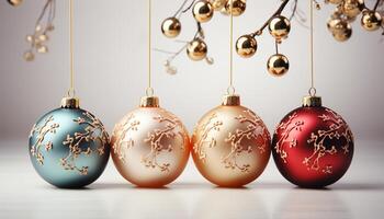 AI generated Christmas ornament decoration in gold, winter sphere celebration background generated by AI photo