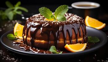 AI generated Freshness and sweetness on a plate homemade chocolate dessert generated by AI photo