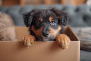 AI generated An open box with a cute puppy peeking out. Classic living room interior in the background photo