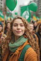 ai generado mujer participación verde banderas y globos a un reunión en internacional De las mujeres día foto