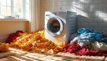 AI generated Dirty Laundry Stacked by Washing Machine photo