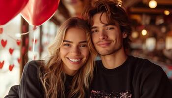 AI generated American couple stands amid red heart-shaped balloons, evoking Valentine's Day romance with a subtle shadow effect photo