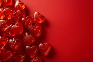 AI generated Caramel hearts shaped candies on red background. Valentines Days concept, copy space photo