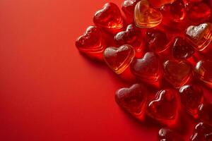 AI generated Caramel hearts shaped candies on red background. Valentines Days concept, copy space photo