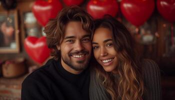 AI generated American couple stands amid red heart-shaped balloons, evoking Valentine's Day romance with a subtle shadow effect photo