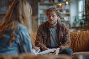 AI generated A depressed middle-aged man sits on a brown sofa in a woman's psychologist's office. Doctor taking notes photo