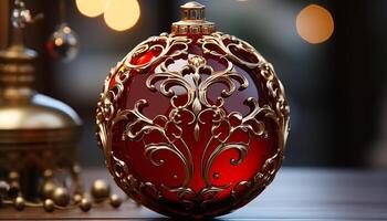 ai generado Navidad ornamento decoración en oro fondo, brillante y elegante generado por ai foto