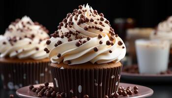 AI generated Homemade gourmet cupcake with whipped cream and chocolate icing generated by AI photo