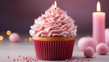 AI generated Homemade cupcake with pink icing, candle, and chocolate decoration generated by AI photo