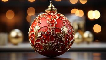ai generado brillante oro ornamento ilumina Navidad celebracion en elegante, decorado habitación generado por ai foto