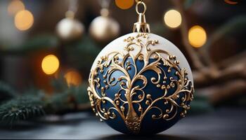 ai generado brillante oro ornamento decora Navidad árbol en elegante invierno antecedentes generado por ai foto