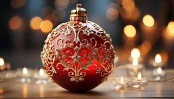 AI generated Shiny gold ornament illuminates dark winter celebration, glowing with elegance generated by AI photo