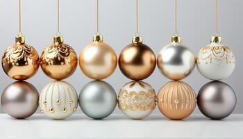 ai generado Navidad ornamento decoración, oro esfera celebracion en invierno temporada generado por ai foto