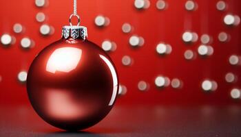 AI generated Shiny Christmas ornament glowing in vibrant red background generated by AI photo