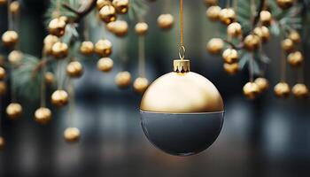 AI generated Shiny gold ornament hanging on Christmas tree, illuminating winter celebration generated by AI photo
