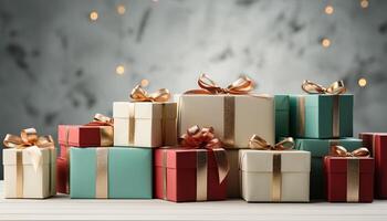 AI generated A stack of wrapped gift boxes, shiny and colorful generated by AI photo