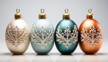 AI generated Christmas ornament decoration in gold, shiny snowflake pattern on blue background generated by AI photo