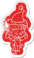 quirky cartoon distressed sticker of a indifferent woman wearing santa hat png