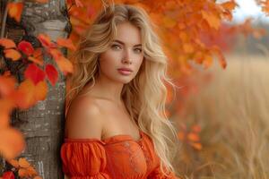 ai generado hermosa rubia mujer en naranja roja vestir posando por árbol con vistoso hojas foto