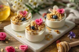 AI generated Yogurt in the shape of a heart. Serve with honey and granola photo