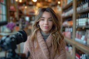 ai generado un joven mujer de 30 años antiguo es rodaje un vídeo Blog . camina alrededor el Tienda y muestra productos cosméticos foto