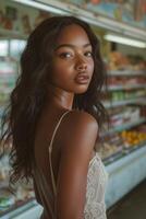 ai generado hermosa africano americano mujer con largo pelo vistiendo un vestir en un tienda de comestibles Tienda en America, 2020 foto
