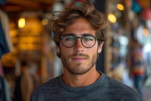 AI generated Wide-Angle Snapshot of a Young Man at the Eyeglass Store photo