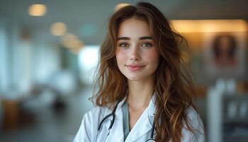 AI generated Woman in White Lab Coat Looking at Camera with Copy Space photo