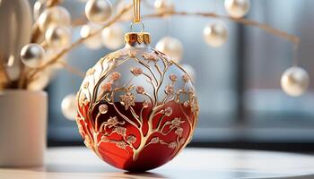 AI generated Christmas ornament decoration, winter celebration, shiny gold ball on table generated by AI photo