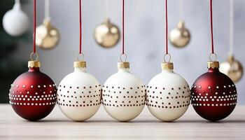 AI generated Christmas ornaments hanging in a row, brightening the winter season generated by AI photo