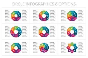 Set circle elements of graph, diagram with 8 steps, options, parts or processes. Template for infographic, presentation. vector