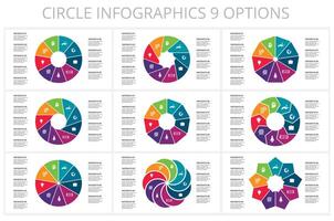 Set circle elements of graph, diagram with 9 steps, options, parts or processes. Template for infographic, presentation. vector