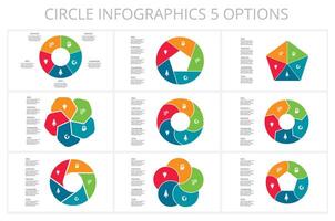 Set circle elements of graph, diagram with 5 steps, options, parts or processes. Template for infographic, presentation. vector