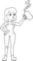 hand drawn black and white cartoon woman in dungarees png