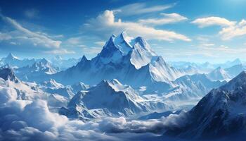 ai generado majestuoso montaña cima, nieve cubierto paisaje, azul cielo, tranquilo bosque generado por ai foto