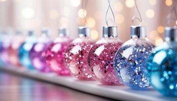 AI generated A vibrant collection of glowing, multi colored Christmas ornaments decorates the background generated by AI photo