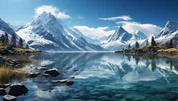 AI generated Majestic mountain peak reflects in tranquil water, nature beauty generated by AI photo