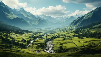 AI generated Majestic mountain range, green meadow, tranquil sky, serene nature generated by AI photo