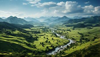 AI generated Majestic mountain range, green meadow, tranquil forest, and blue sky generated by AI photo