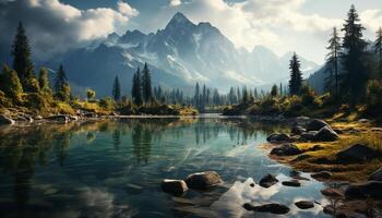 ai generado majestuoso montaña rango refleja tranquilo prado en sereno natural belleza generado por ai foto