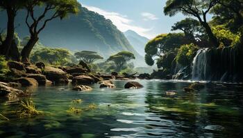 AI generated Tranquil scene mountain range, forest, flowing water, reflecting natural beauty generated by AI photo