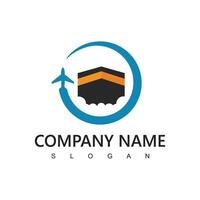 Hajj and umrah agency logo, tour and travel icon. flying airplane with kabah illustration. vector