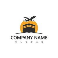 Hajj and umrah agency logo, tour and travel icon. flying airplane with kabah illustration. vector