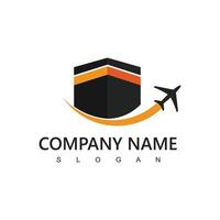 Hajj and umrah agency logo, tour and travel icon. flying airplane with kabah illustration. vector