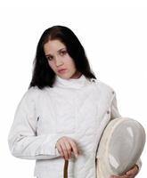 Woman Holding Fencing Mask Wearing Fencing Jacket photo
